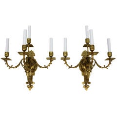 Pair of 4 Arm All Cast Sconces With Square Bobeches