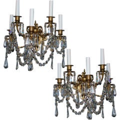 Pair of 5 Light Brass and Crystal Sconces