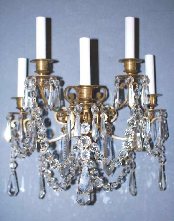 Pair of 5 Light Brass and Crystal Sconces