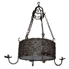 4 Arm Burnished Iron Chandelier With Antique Glass Center