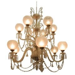 Antique Large All Crystal Chandelier with Etched Globes