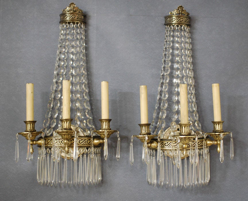 Pair of 3 Arm Sconces with Graduated Oval Beads