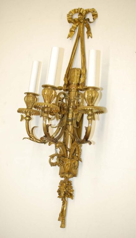 French Pair of 3 Arm Sconce with Bow