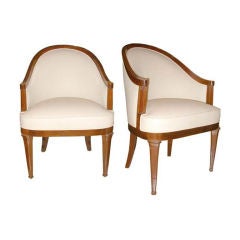 Pair of Ivory Leather and Walnut Chairs Attributed to Lucien Rollin