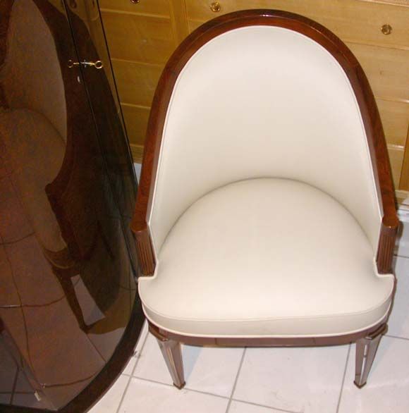 French Pair of Ivory Leather and Walnut Chairs Attributed to Lucien Rollin