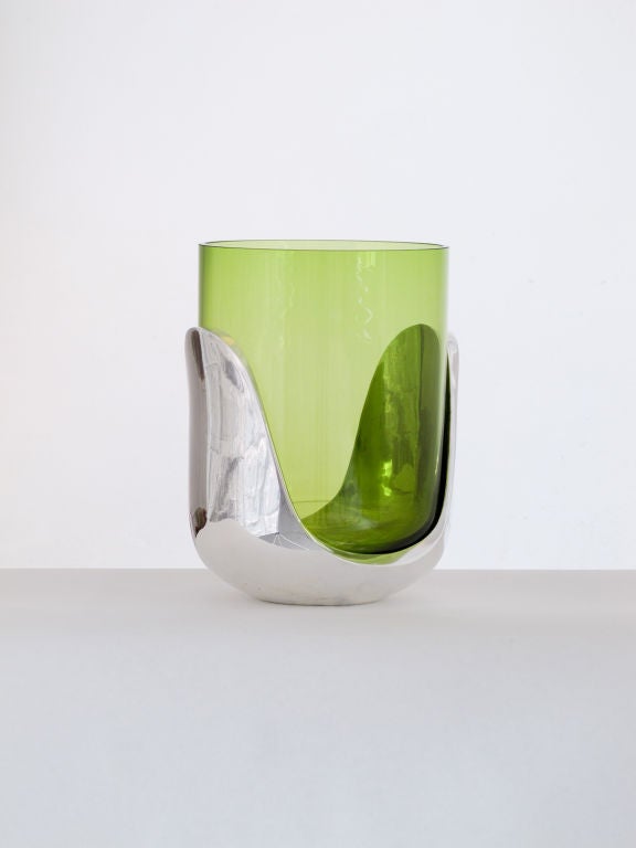 French Silver Plated Bronze and Handblown Vase by Eric Schmitt