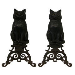 Antique Pair of Cast Iron Black Cat Andirons with Yellow Glass Eyes