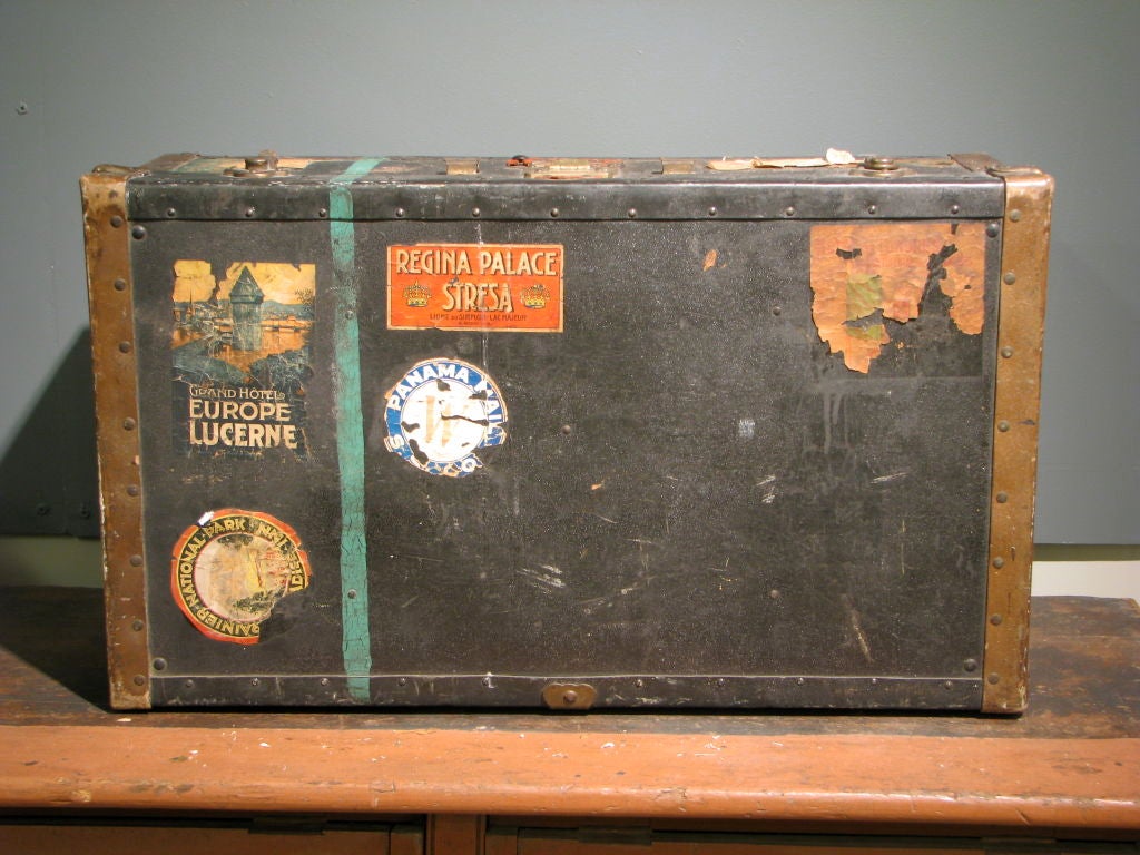 Leather Luggage Trunk Lined in Vintage Floral Fabric