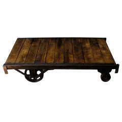 Antique Industrial Steel and Wood Plank Cart Coffee Table