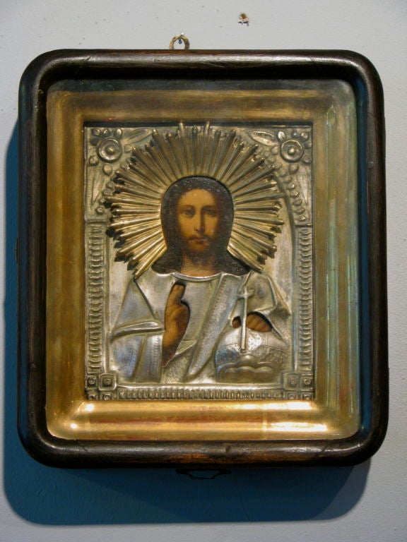 Russian Icon depicting Christ Ruler of All<br />
silver plated riza over oil painting of Christ in the original kiot. From the village of Talin Estonia.