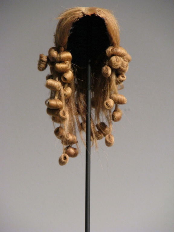 Hand stitched Victorian Doll Wig made of flax and linen on new three foot tall black museum stand