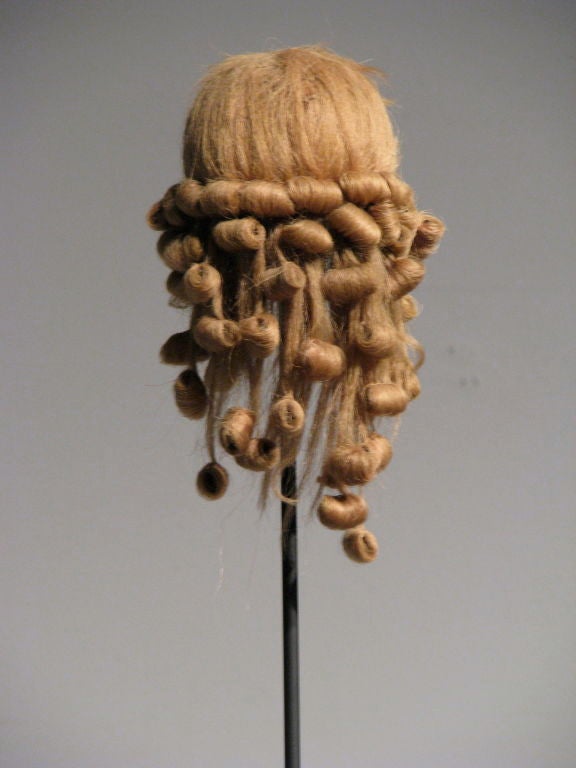 English Victorian Flax Doll Wig on Three Foot Museum Stand