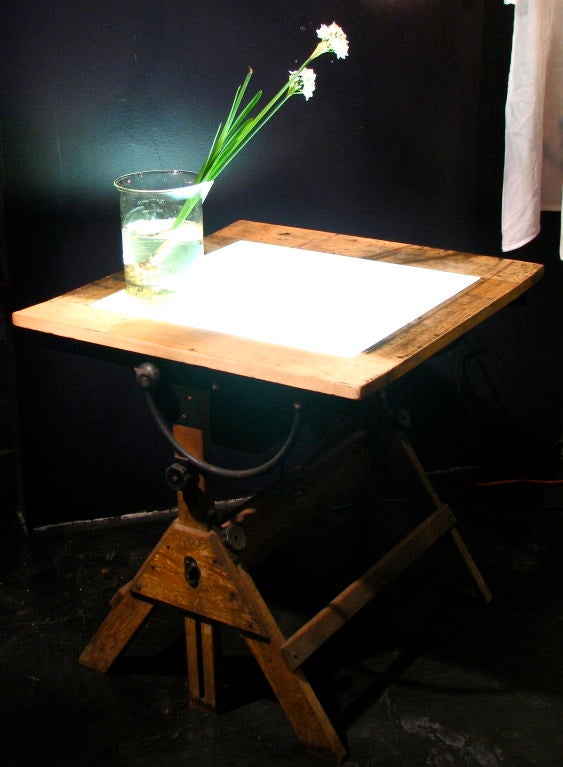 Jeweler's Adjustable Drafting light table. Pivots and locks forward or back and raises in height. Dramatic and utilitarian. Made by the Hamilton Manufacturing Company.