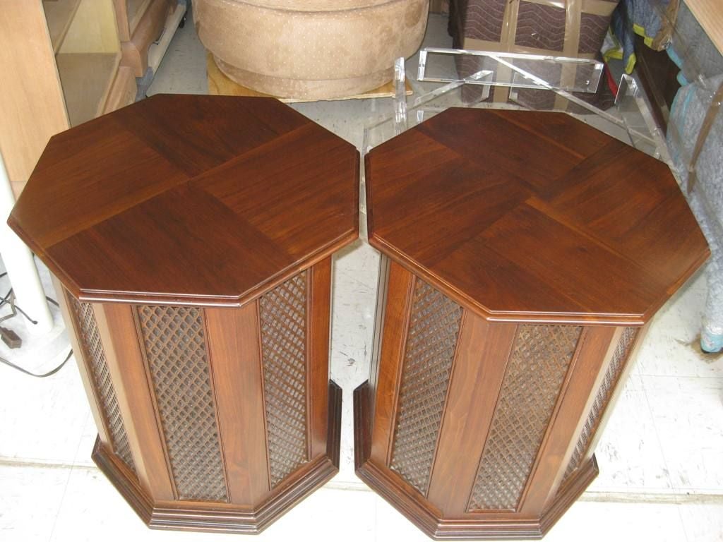 Pair of Octagonal Column Speaker Bedside / End Tables, this Pair of Mid Century Modern Nightstands with working Speakers are Dual Function, Please Also Visit sjuliannyc.com to See More of Our Collection.