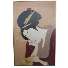 Vintage Ukiyoe Style Oil on Canvas Painting of Japanese Women