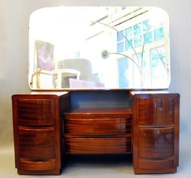 20th Century Streamline Art Deco Vanity with Mirror and Bench