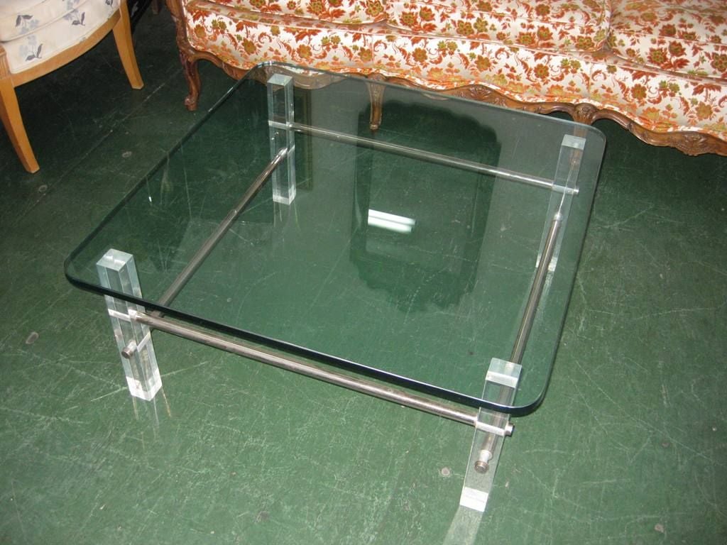 Square Lucite and glass cocktail table, Mid-Century Modern acrylic and 1/2