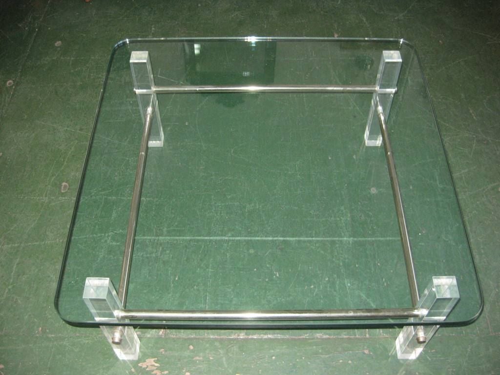 Mid-Century Modern Square Lucite and Glass Cocktail Table