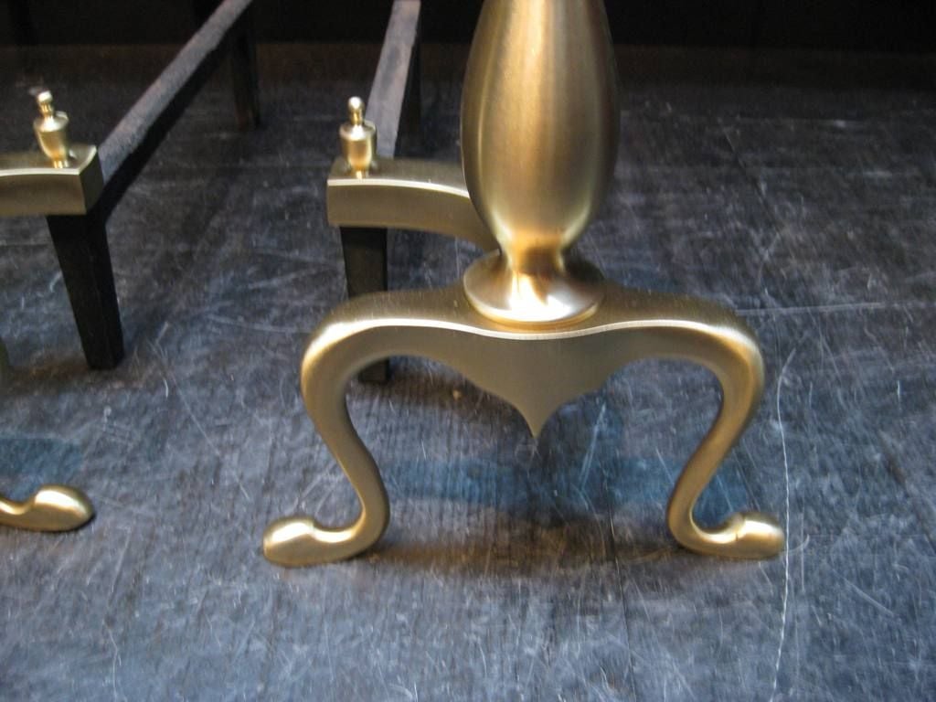 American Pair of Traditional Spire Andirons in Satin Brass and Also in Nickel For Sale
