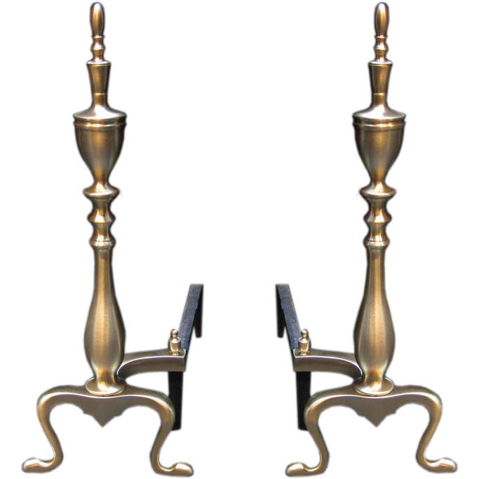 Pair of Traditional Spire Andirons in Satin Brass and Also in Nickel For Sale