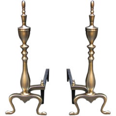 Pair of Traditional Spire Andirons in Satin Brass and Also in Nickel