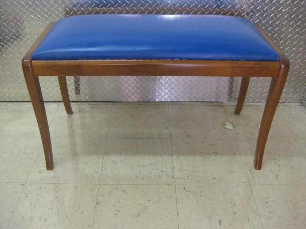 Mid-Century Modern Curved Legs Blue Leather Bench
