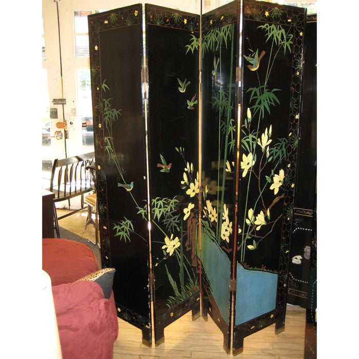 Dual Sided 4 Panel Screen / Room Divider, Asian Motif, With Both Sides Meticulously Painted in Vivid Colors, please visit sjulian on 1stdibs to see our collection, we provide rentals for stylists, photo shoot and props for movie sets.