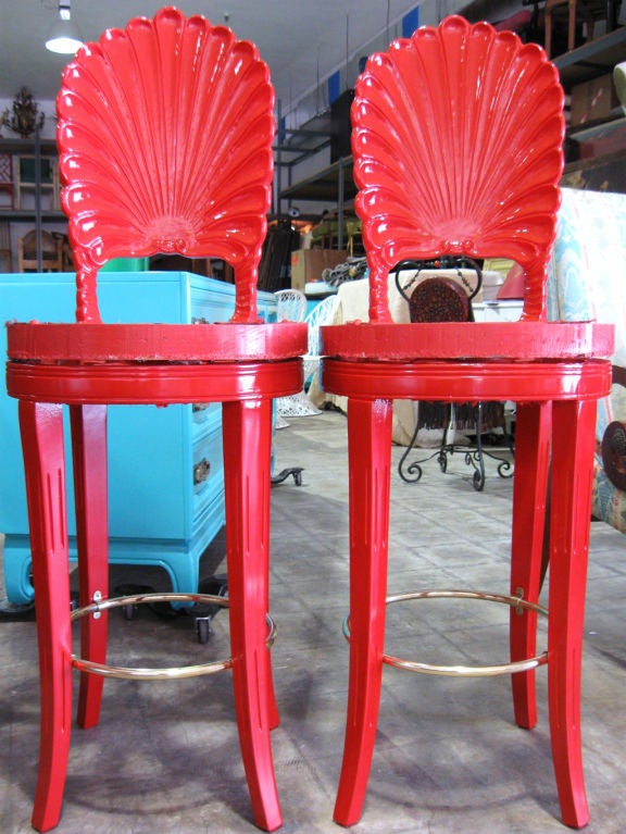 Superb Pair of High Gloss lacquered grotto inspired barstools with elegant brass center foot rest.