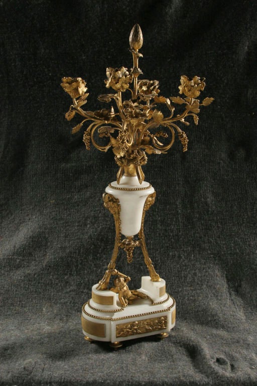 Beautiful pair of gilt-bronze and Cassara marble Louis XVI style candelabras, decorated with vine leaves and putti.