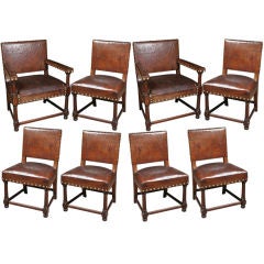 Set of 8 Leather and Walnut Renaissance Style Dining Chairs