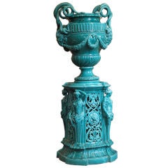 Important Majolica Renaissance Style Green Glazed Faience Urn