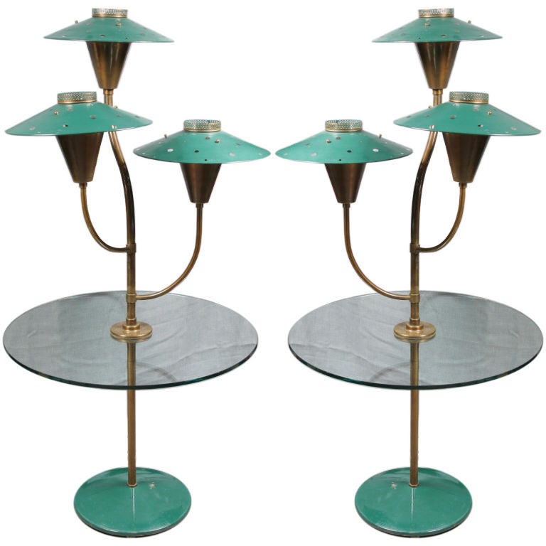 Pair of Painted Tole Glass and Brass lamp tables
