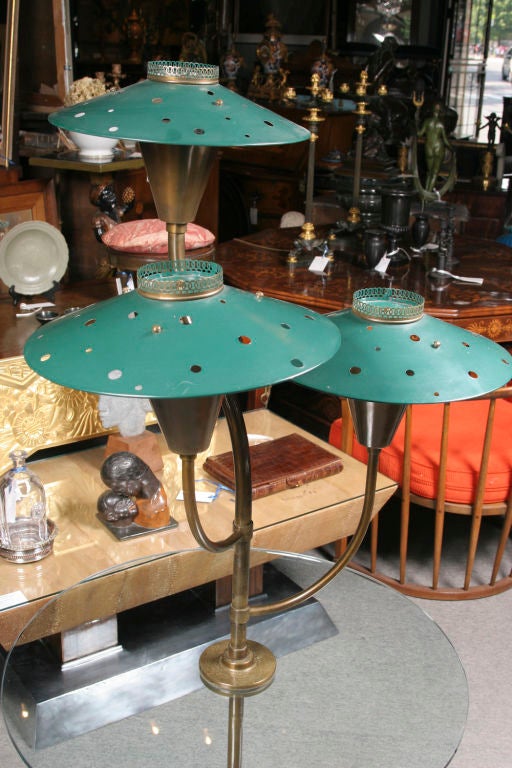 American Pair of Painted Tole Glass and Brass lamp tables