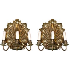 Antique Pair of Unusual  Shell Backed Three-Arm Brass Wall Sconces