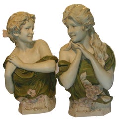 Antique Pair of Art Nouveau Royal Dux Porcelain Figural Busts
