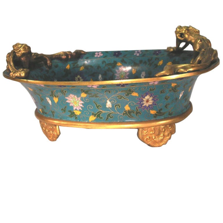Cloisonné and Gilt Bronze Footed Oval Bowl