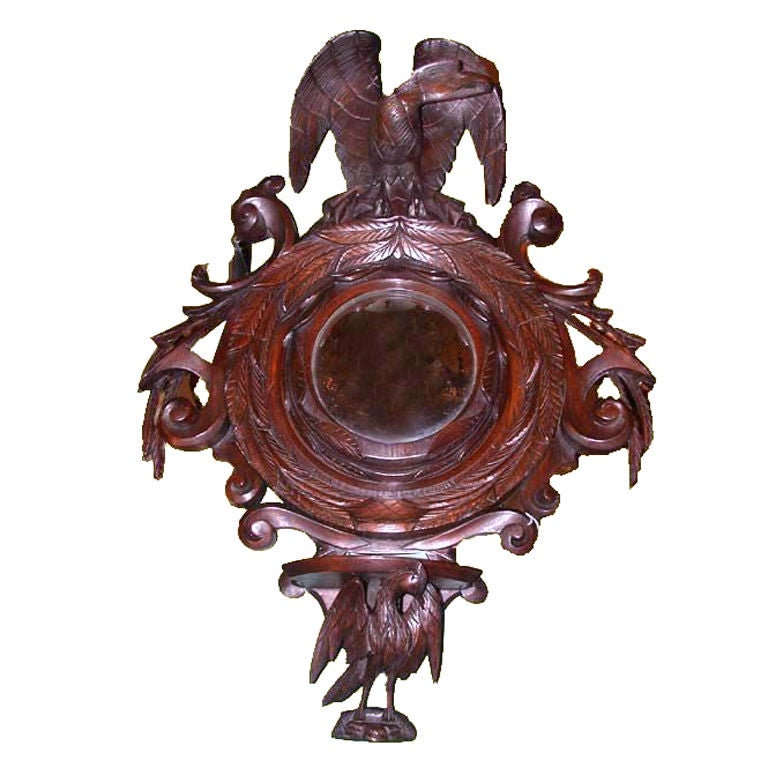 Continental  Carved Oak Convex Mirror with Bracket Shelf For Sale