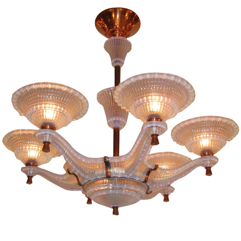 Art Deco Eight-Light Opalescent Glass and Copper mounted chandelier