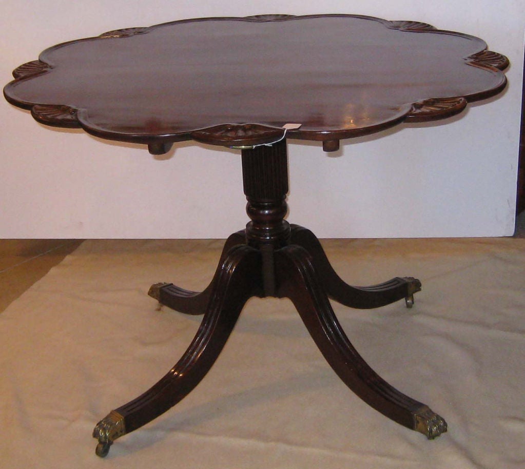 Regency solid mahogany tilt-top eight lobes and dished supper table, shell forms separating each lobe, raised on turned column over four ribbed down swept legs terminating in brass hairy claw feet on brass casters.