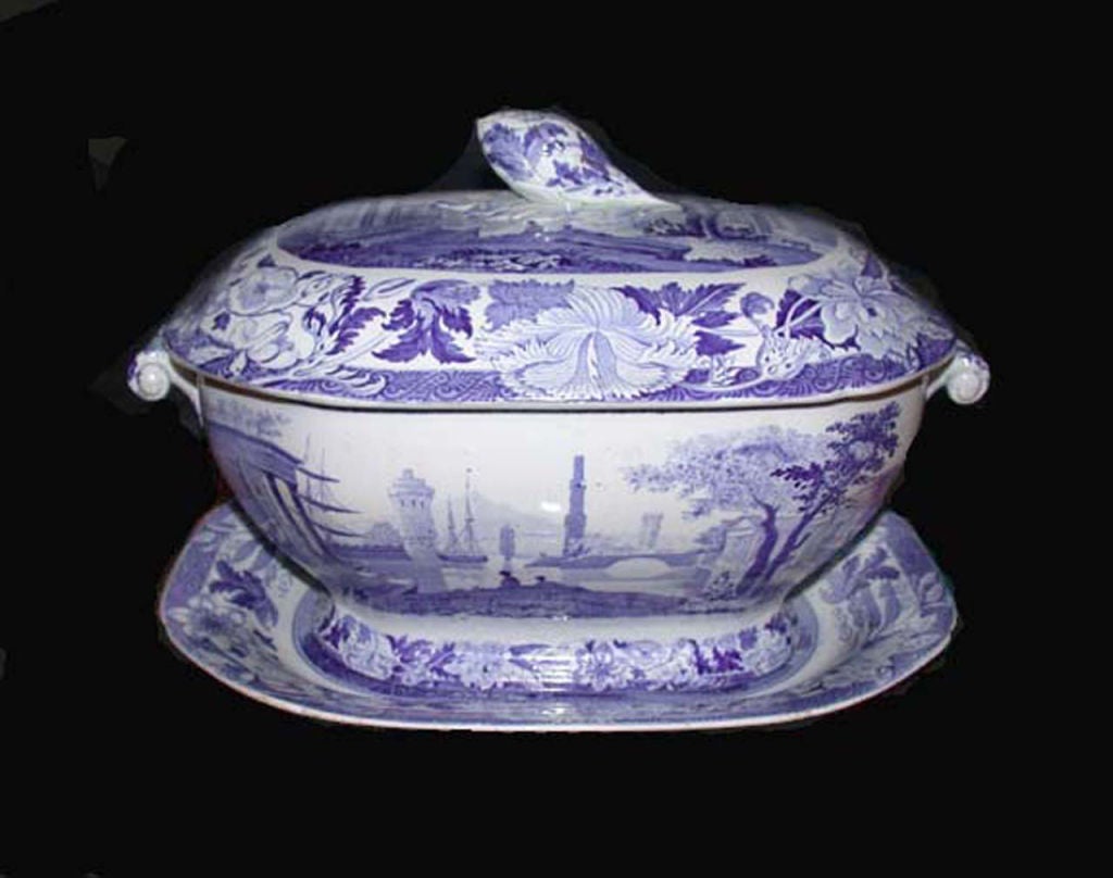 Wedgwood's blue and white  stoneware tureen with lid and platter in 