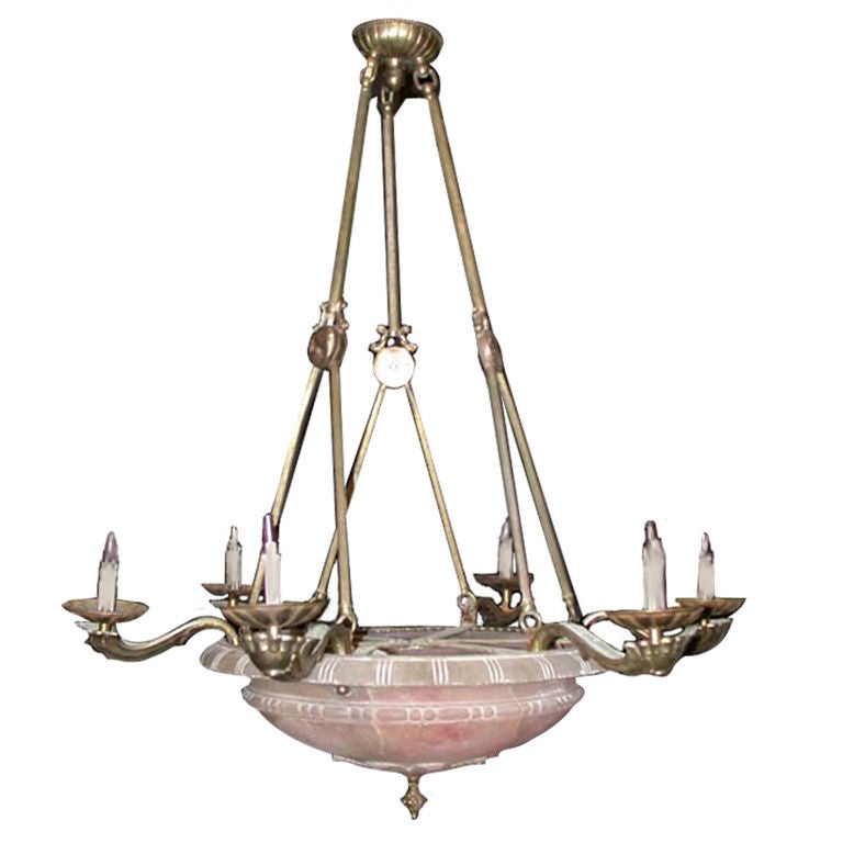 Neoclassical Style Six light Bronze and Alabaster  Chandelier For Sale