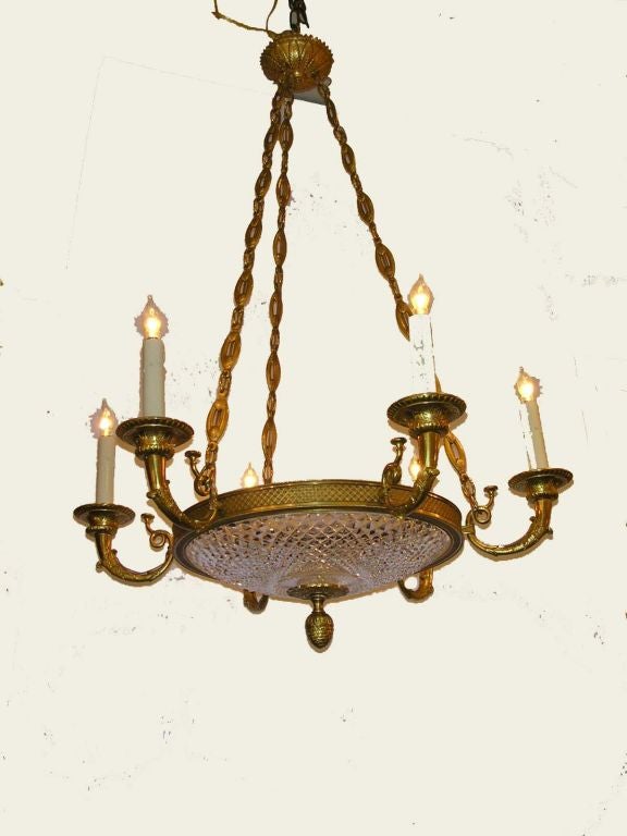 Louis XVI Style Six Light Crystal and Gilt Bronze Chandelier