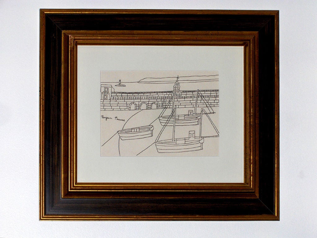 ORIGINAL DRAWING BY BRYAN PEARCE (ENGLISH 1929-2007) OF HIS BELOVED ST.IVES HARBOUR IN CORNWALL ENGLAND. MR PEARCE WAS RECOGNISED AS ONE OF THE UKS' LEADING NAIVE ARTISTS.