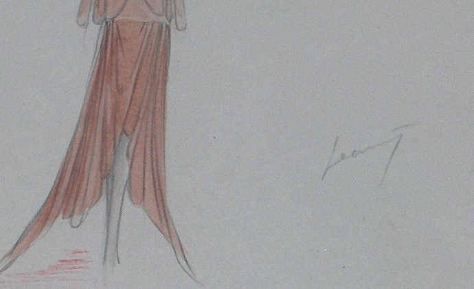 RARE FASHION SKETCH FROM THE ART DECO PERIOD OF FRENCH FASHION<br />
DATED ON THE BACK WITH THE HOUSE OF PREMET STAMP (NOV 23, 1929)<br />
8 PLACE VENDOME, PARIS.