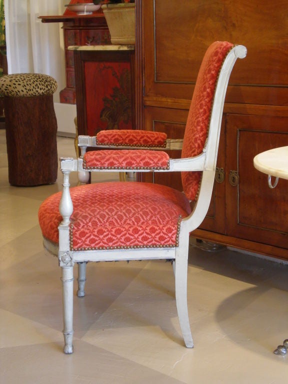Matched Pair of French Grey Painted Fauteuils, one 18th Century 7