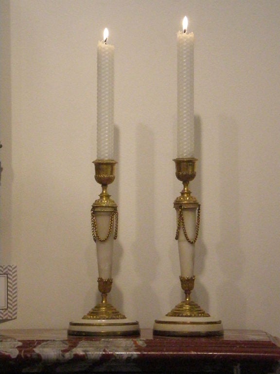 Pair of Louis XVI Style Gilt Metal and Marble Candlesticks
