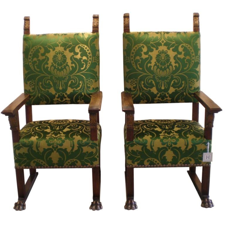 Pair of Renaissance Revival Carved Walnut Arm Chairs