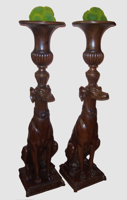 A fabulous pair of Italian carved wooden seated greyhounds resting on square tasseled cushions, supporting on their heads large urns with wide lips, attenuated sides and partially lobed bodies.
