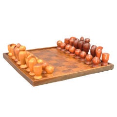 Modernist Mahogany Chess Set and Undultating Gameboard