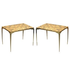 Retro Pair of Brass and Glass Tile Tables